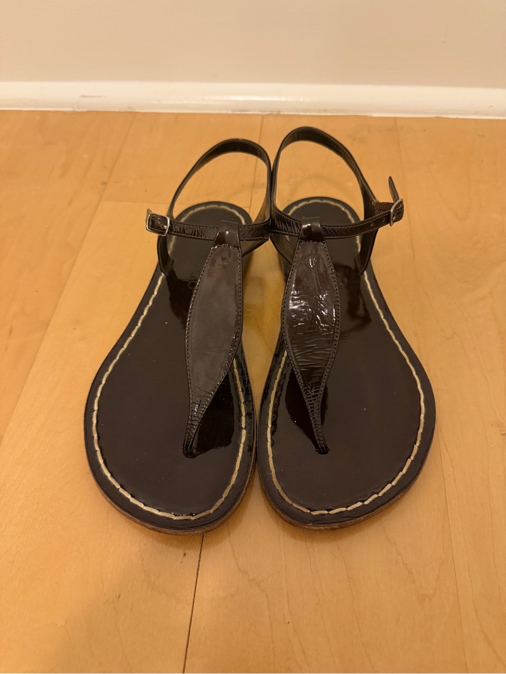 Bernardo Brown Patent T-Strap Slingback Sandals